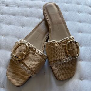 Elegant Tan Slide Sandals with Gold Buckle